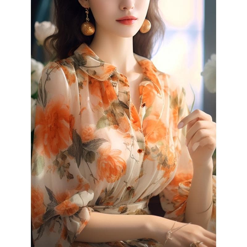 Women's Summer Button Printing Lantern Half Sleeve Chiffon Shirt Elegant Casual Tops L