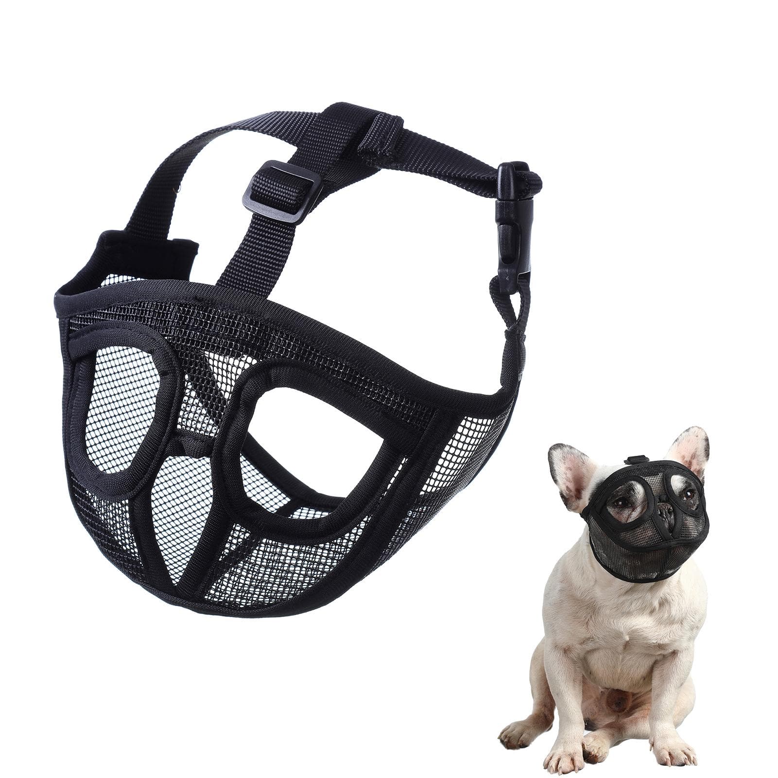 Short Snout Dog Muzzle Bulldog Muzzle Adjustable Breathable Mesh for Training Biting Barking Small black