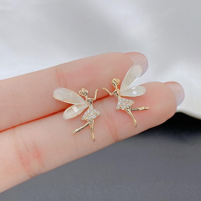 Fashion Cute Flower Wings Elf Stud Earring For Women Girls Design Zircon Fairy Exquisite Earring Jewelry gold