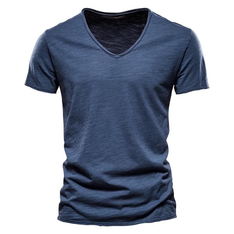 AIOPESON Summer 100% Cotton Elasticity T Shirt Men Casual Soft Fitness Shirt Men T Shirt Tops Tee Shirts V-Neck Short Sleeve Tshirt Men 2XL Dark blue