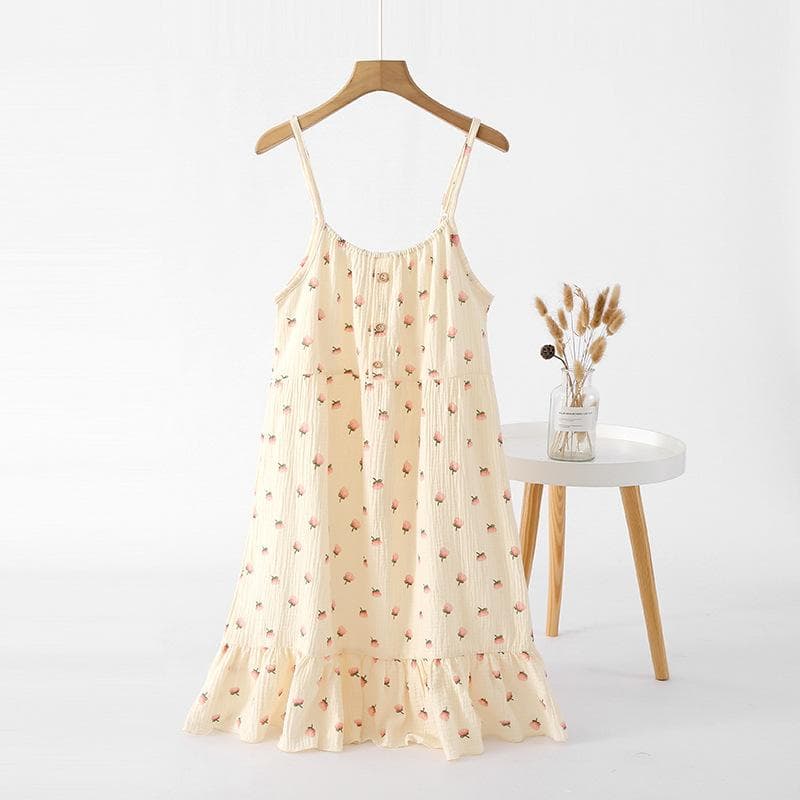 Small Floral Print Women's Pure Cotton Pajamas Dress Suspenders Comfortable Loose Breathable Home Pajamas XL yellow