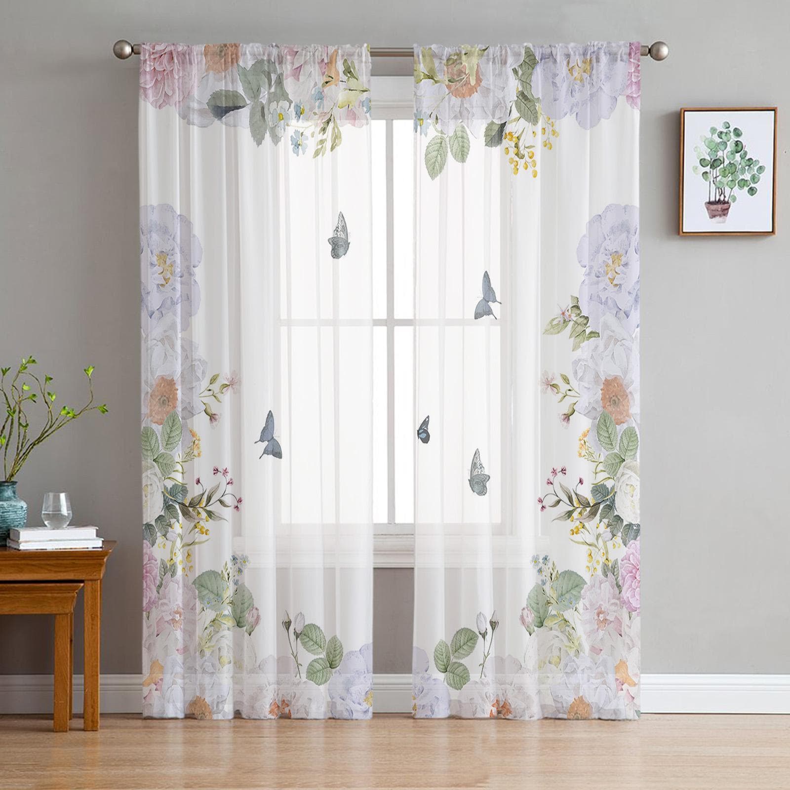 Watercolor Butterfly Flower Plant White Sheer Window Curtain Tulle Curtains for Livingroom Bedroom Hotel Home Decor Voile Drapes 135W x 114H(cm)