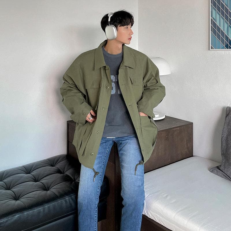 Men's Work Jacket Spring and Autumn New Japanese Style Loose Top Casual Korean Style Lapel Handsome Jacket 2XL green