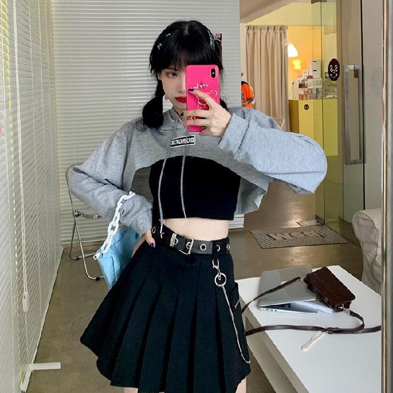 High Waist Shirt Hoodies Women's Hooded Loose Short Cropped Long-sleeved Jazz Blouse Thin Hooded Clothing L grey