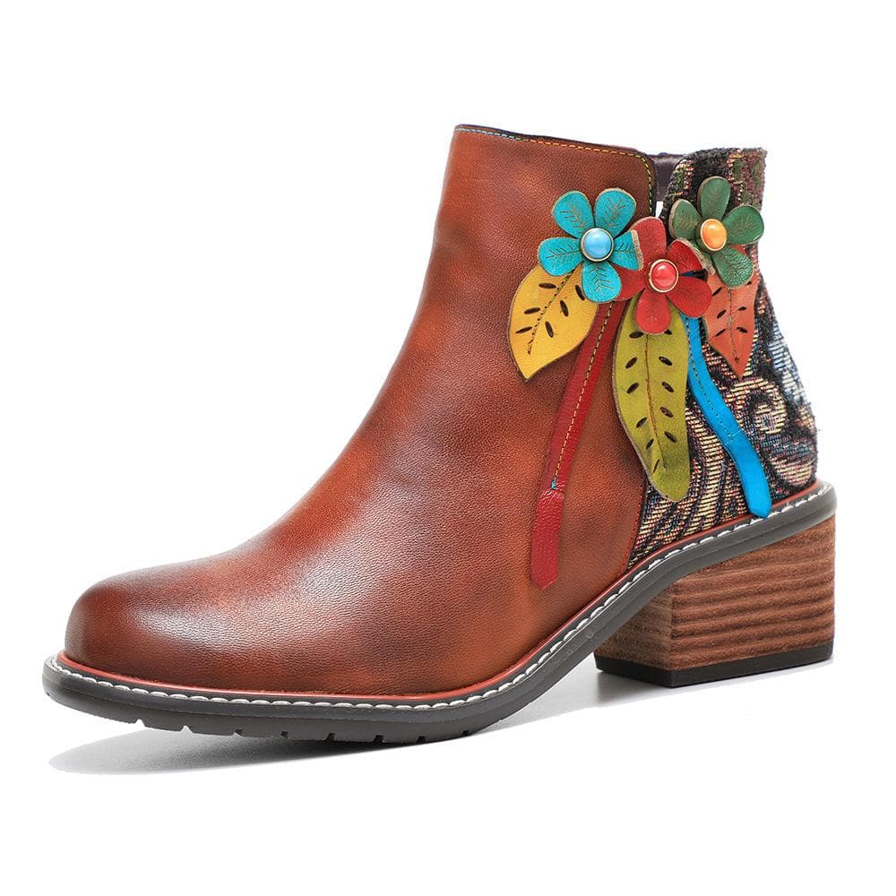 Johnature Genuine Leather Retro Shoes Women Short Boots Round Toe Patchwork Handmade Ankle Boots 38 brown