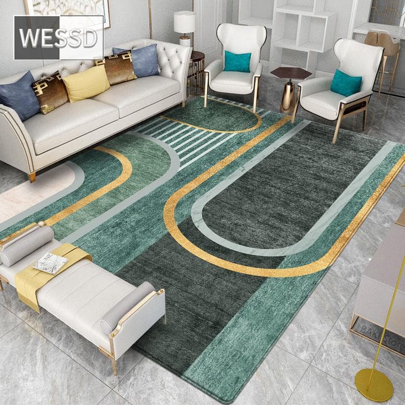 Green Living Room Rug with Gold Geometric Print for Customize Corridor and Children's Room 160x200cm 1pcs