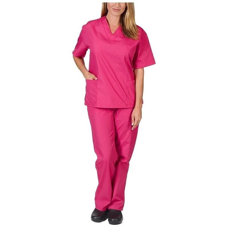 Medical Nursing Working Uniform Set for Men and Women Short Sleeve V-neck Solid Color Tops+Pants Scrub Suit M rose red