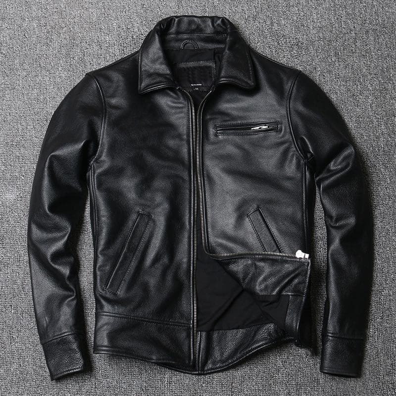Genuine Leather Jacket Men's Lapel Short Slim Fit Leather Jacket First Layer Cowhide Jacket M black