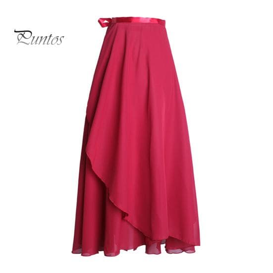 Women Dance Skirt High Waist Lace-up Multi-Layered Mesh Chiffon Long Skirt Solid Color Flowy Maxi Skirt Adult Ballet Skirt wine red