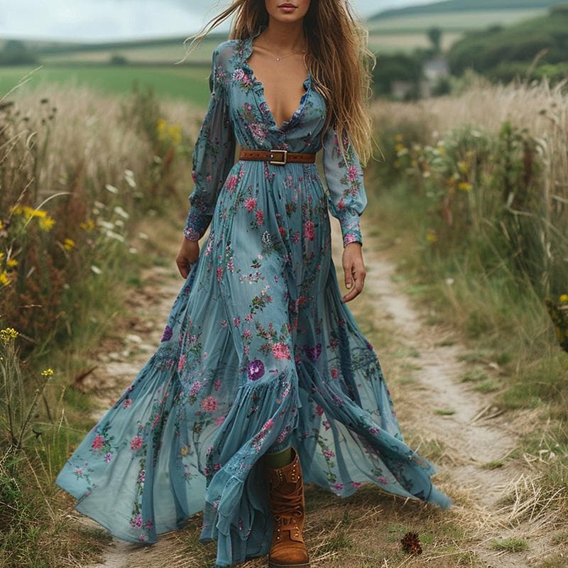 Sexy V Neck Elastic Waist Long Dress Ethnic Fashion Floral Print Vintage Dress for Women Spring Fall Long Sleeve Boho Maxi Dress S blue