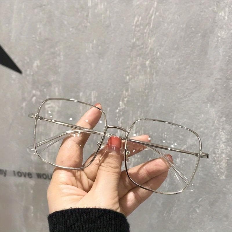 2PCS Women's Large Frame Square Glasses High-definition Flat Lens Metal Frame Trendy Fashionable Eyewear
