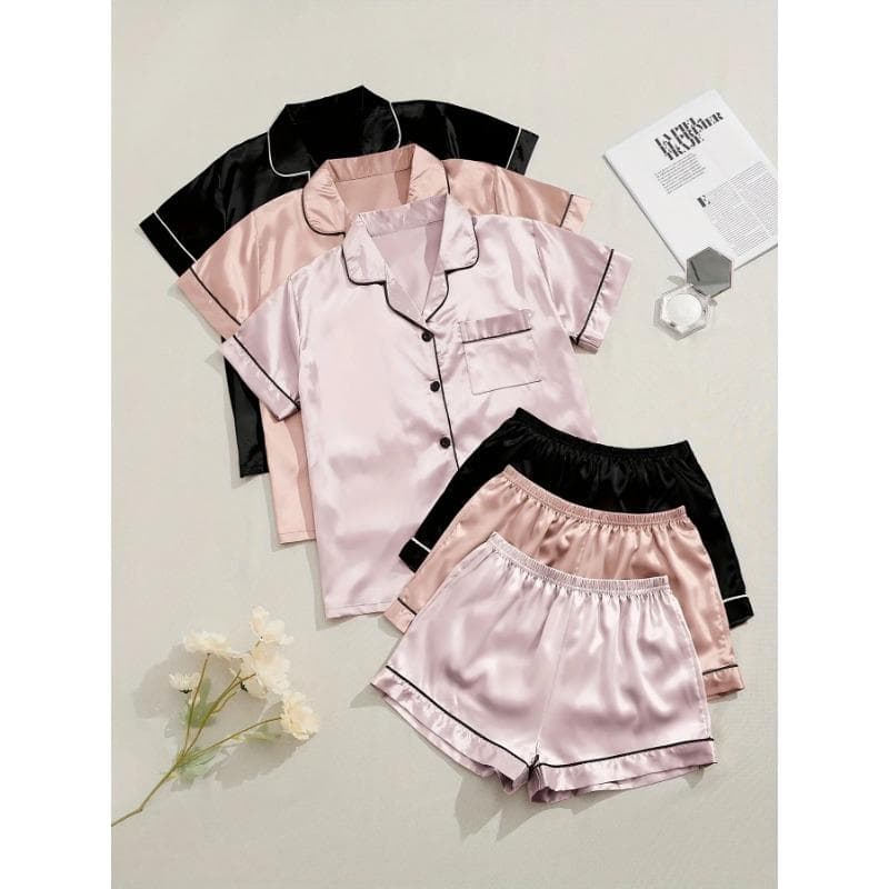 3 Sets Satin Pajama Set for Women Summer New Short Sleeve Lapel Top & Elastic Waistband Shorts Set Women's Sleepwear Loungewear M