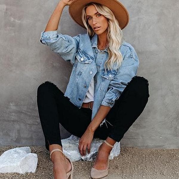 Denim Jacket Women, Street Hipster Loose Short Jacket with Raw Edges L blue