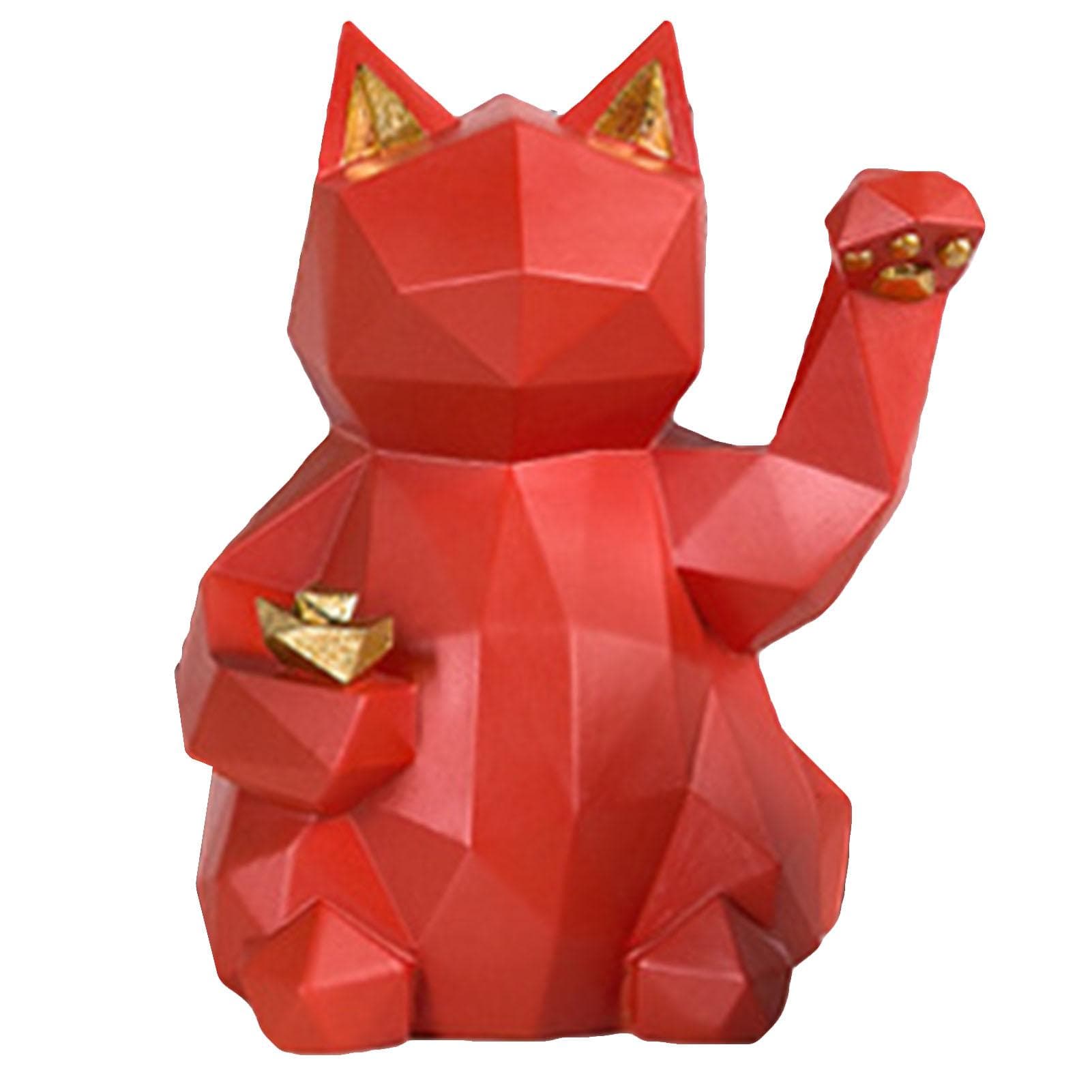 Fortune Cat Figurine Geometry Style Eco Friendly Resin Bright Red Maneki Neko Figurine for Table red