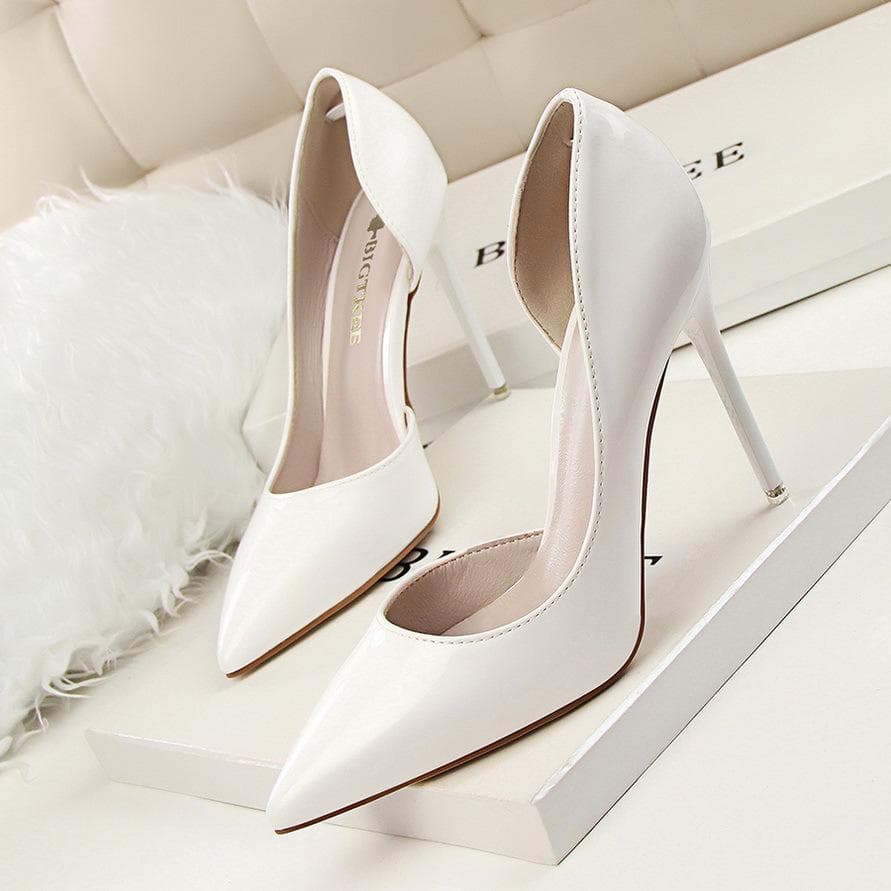 BIGTREE Fashion Simple Fine Heel 10.5cm High Heel Patent Leather Pointed Sexy Thin High Heel Single Shoe 37 white