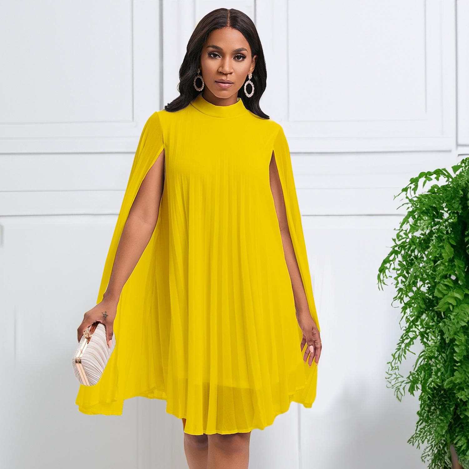 YYFS Women's Fashion Spring Fall Solid Color Print Long Sleeve Half Turtleneck Loose Waistline Casual Dresses S yellow