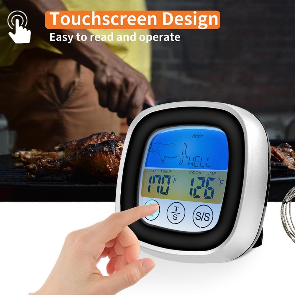 Touchscreen Meat Thermometer Food Barbecue Thermometer BBQ Grill Smoker Thermometer Timer Alert black