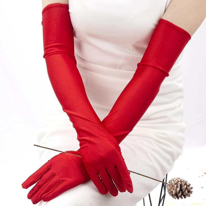 Elbow Stretch Satin Finger Long Gloves Women Flapper Gloves Matching Costume red