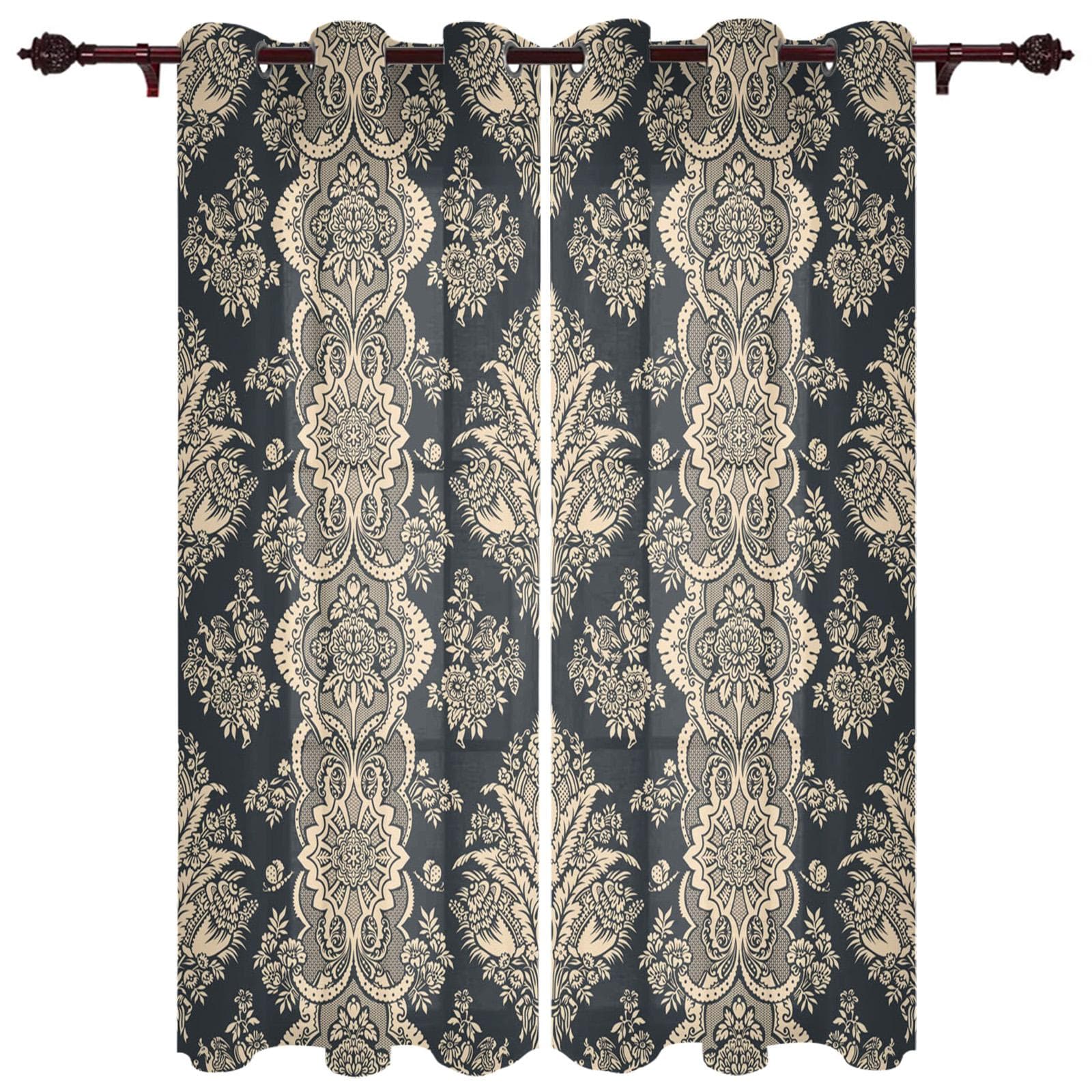 Black Baroque Pattern Window Curtain For Living Room Bedroom Luxury Home Kitchen Decor Items Curtains 135W x 60H(cm)