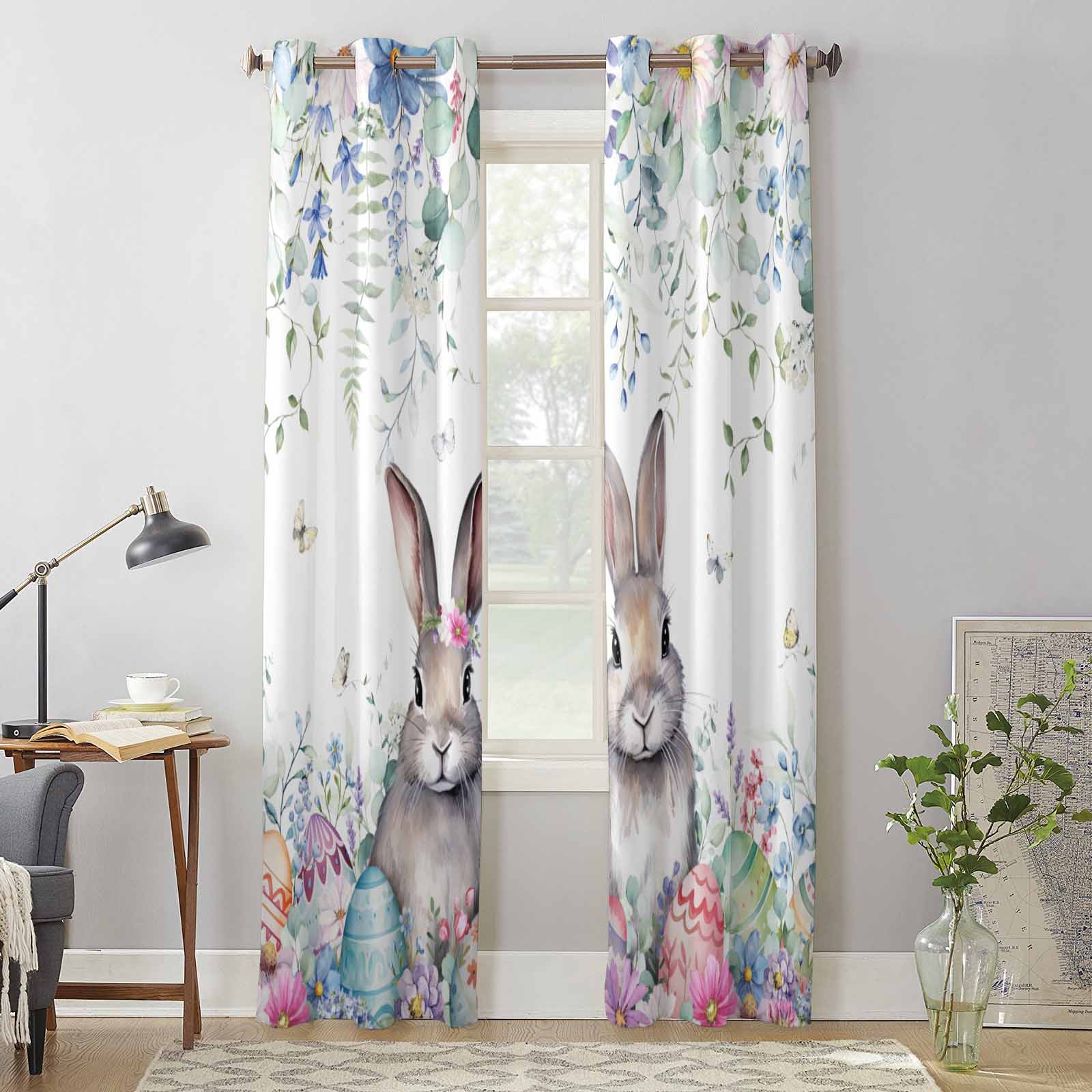 Easter Bunny Eggs Spring Flowers Window Curtains for Living Room Bedroom Curtain Modern Kitchen Blinds Drapes Curtains 135W x 60H(cm) x1