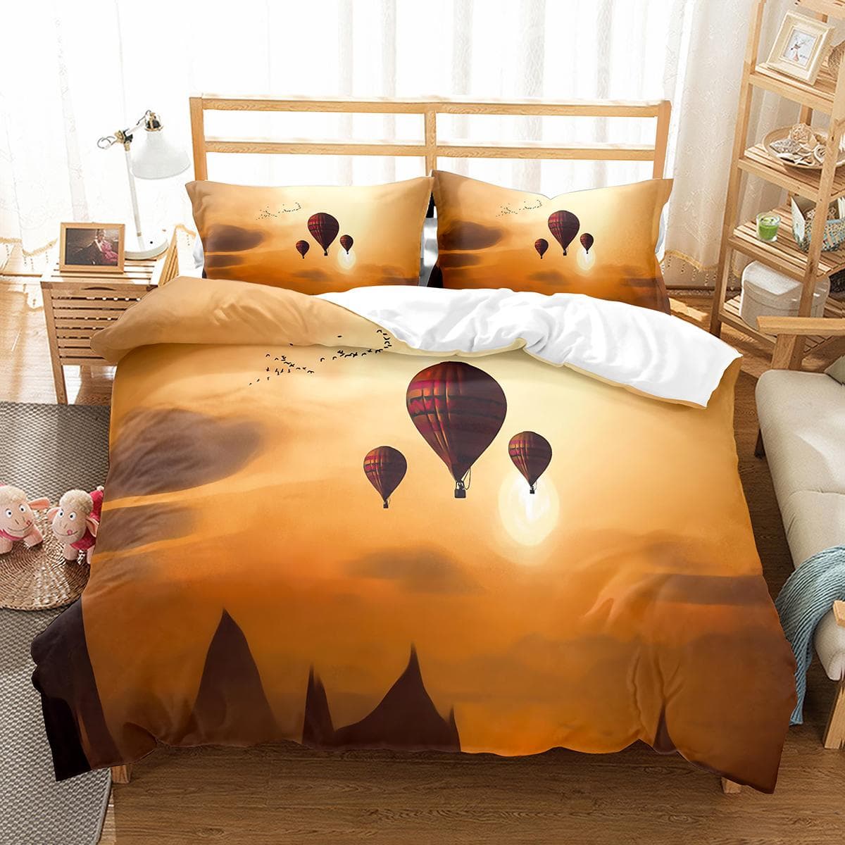 Hot Air Balloon Duvet Cover Set White Cloud Pattern Polyester Comforter Cover King Queen Twin Size For Kids Girls Bedroom Decor EU single(135x200cm)