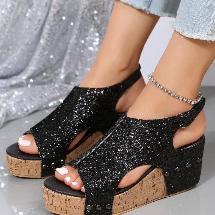 Women's Sexy Wedge Heel Sequins Gold Silver Roman Fish Mouth Sandals Slippers 36 black
