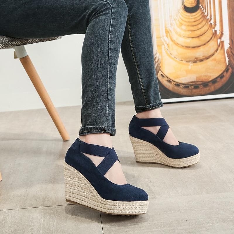 Retro Women High Heels Party Shoes Elegant Ladies Wedges Shoes Brand Women Pumps Platform Woman Wedge Heel 10cm 37 blue
