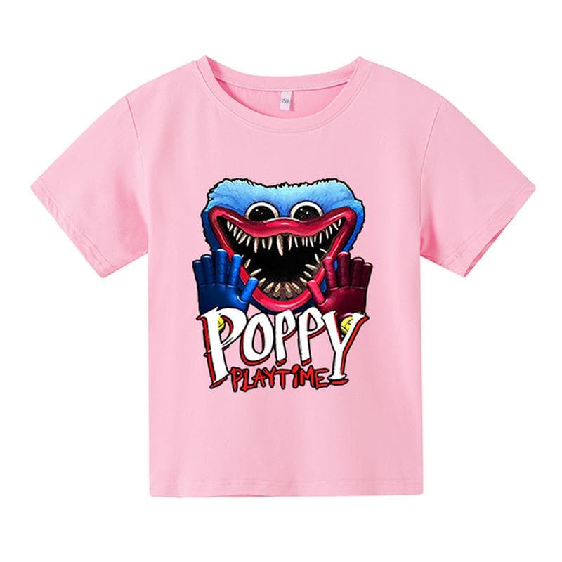 Summner Huggy Wuggy Kids Fashion Round Neck Short Sleeve Streetwear Korean Cartoon Boy Girl Games Kids3-12Y 100 pink