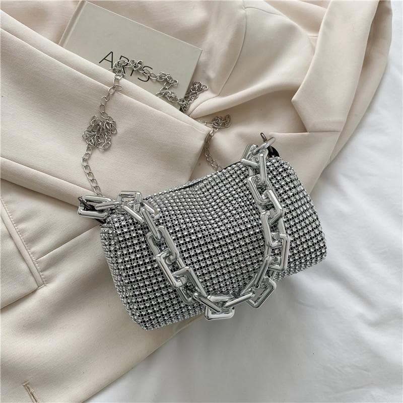 Allover Rhinestone Bucket Bag, Glitter Chain Prom Purse, Women's Mini Crossbody Bag 1PCS silver