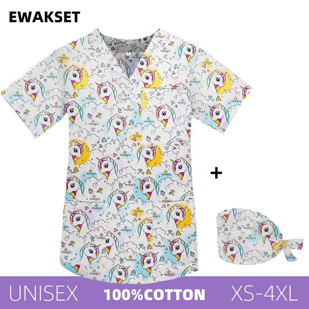 Medical Scrub Tops Women Men 100%Cotton Nurse Doctor Working Uniforms Cartoon Printed M