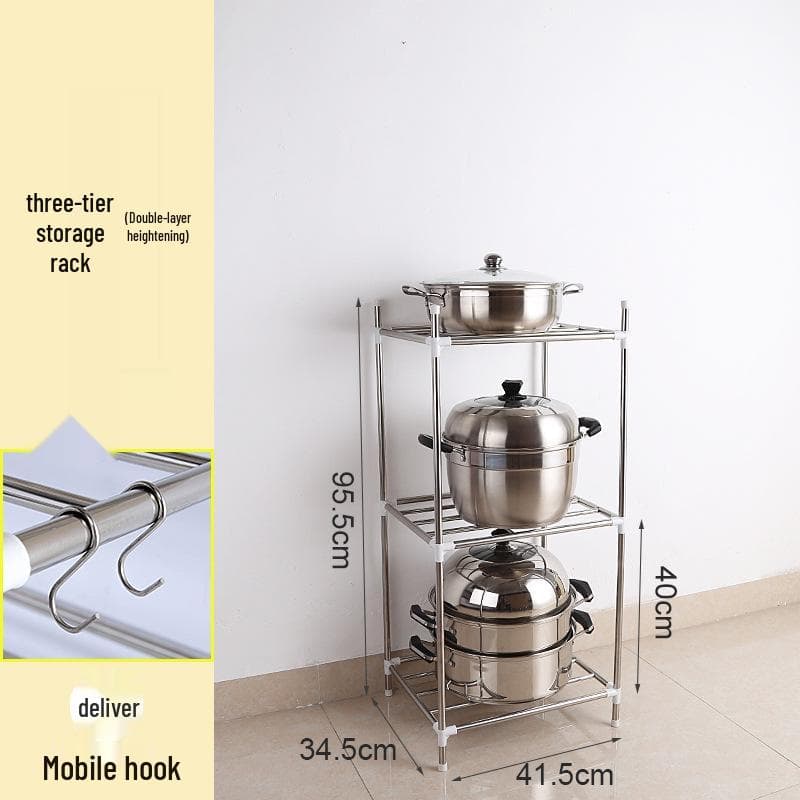 Stainless Steel Multi-Layer Floor-Standing Rack for Kitchen and Bathroom Basin and Pot Storage