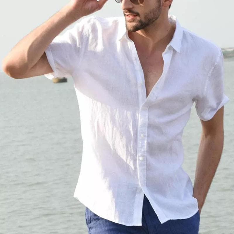 Solid Color Men's Casual Resort Short Sleeve Shirt XL white