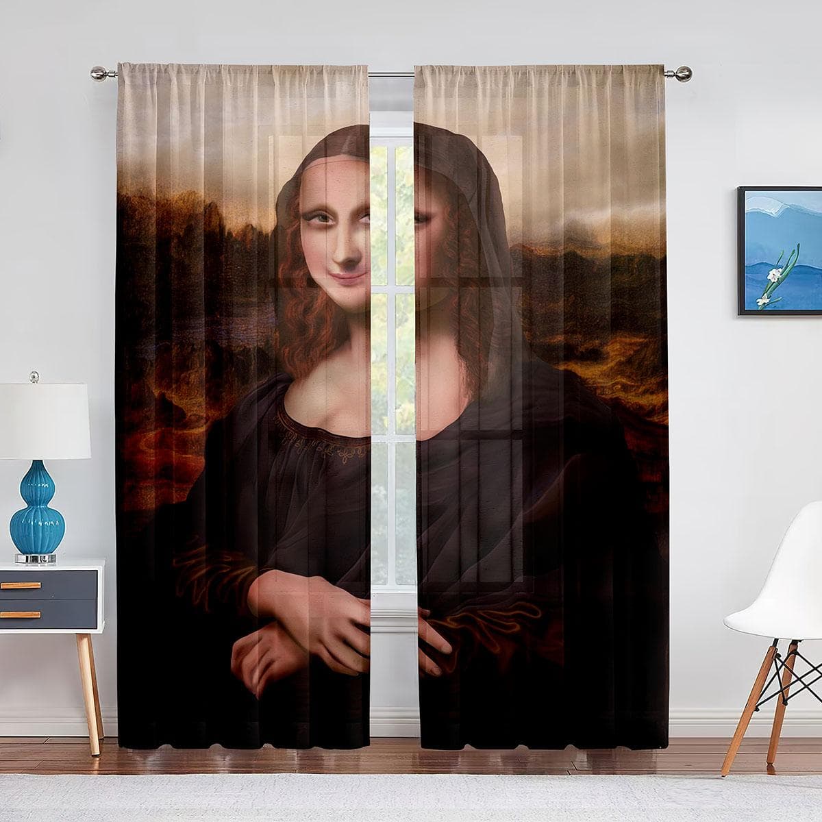 Mona Lisa and Funny Kittens Painting Tulle Curtain for Bedroom Window Curtain Luxury Cafe Hotel Decor Living Room Sheer Drape 1 PCS W150XH250cm&Grommet Top