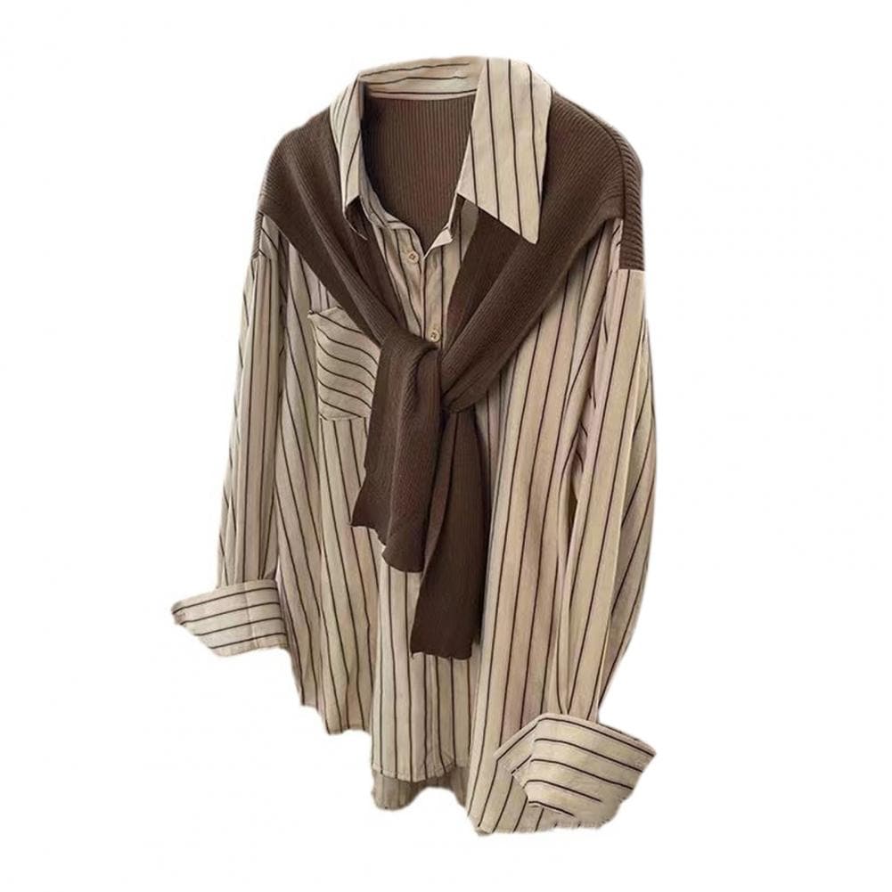 Women Shirt Lapel Long Sleeve Vertical Stripe Print Fake Two Pieces Shirt Tops Regular Fit French Style Shirt XXXL khaki
