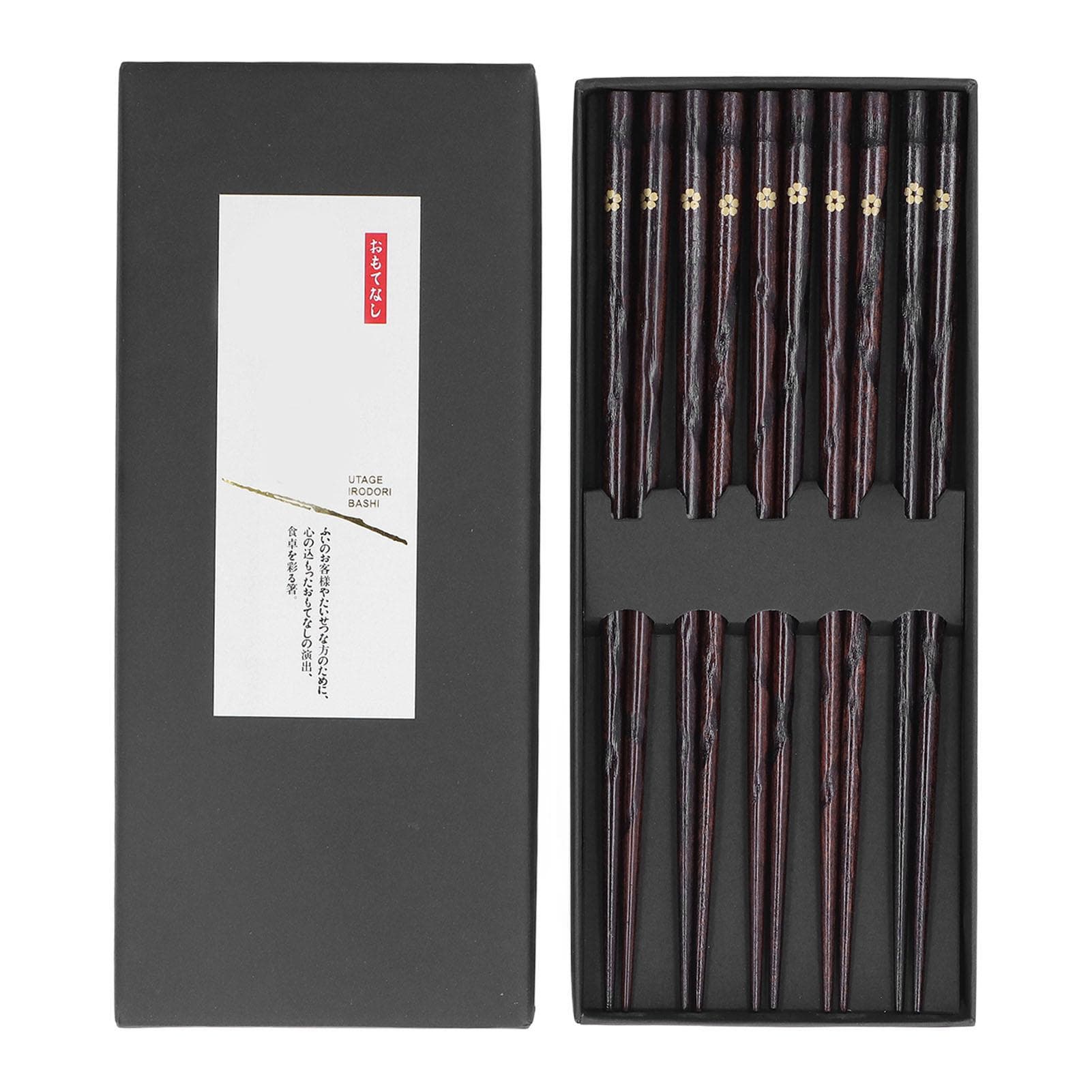 5 Pair Japanese Style Wooden Chopsticks Golden Printed Flowers Reusable Traditional Stylish Gift