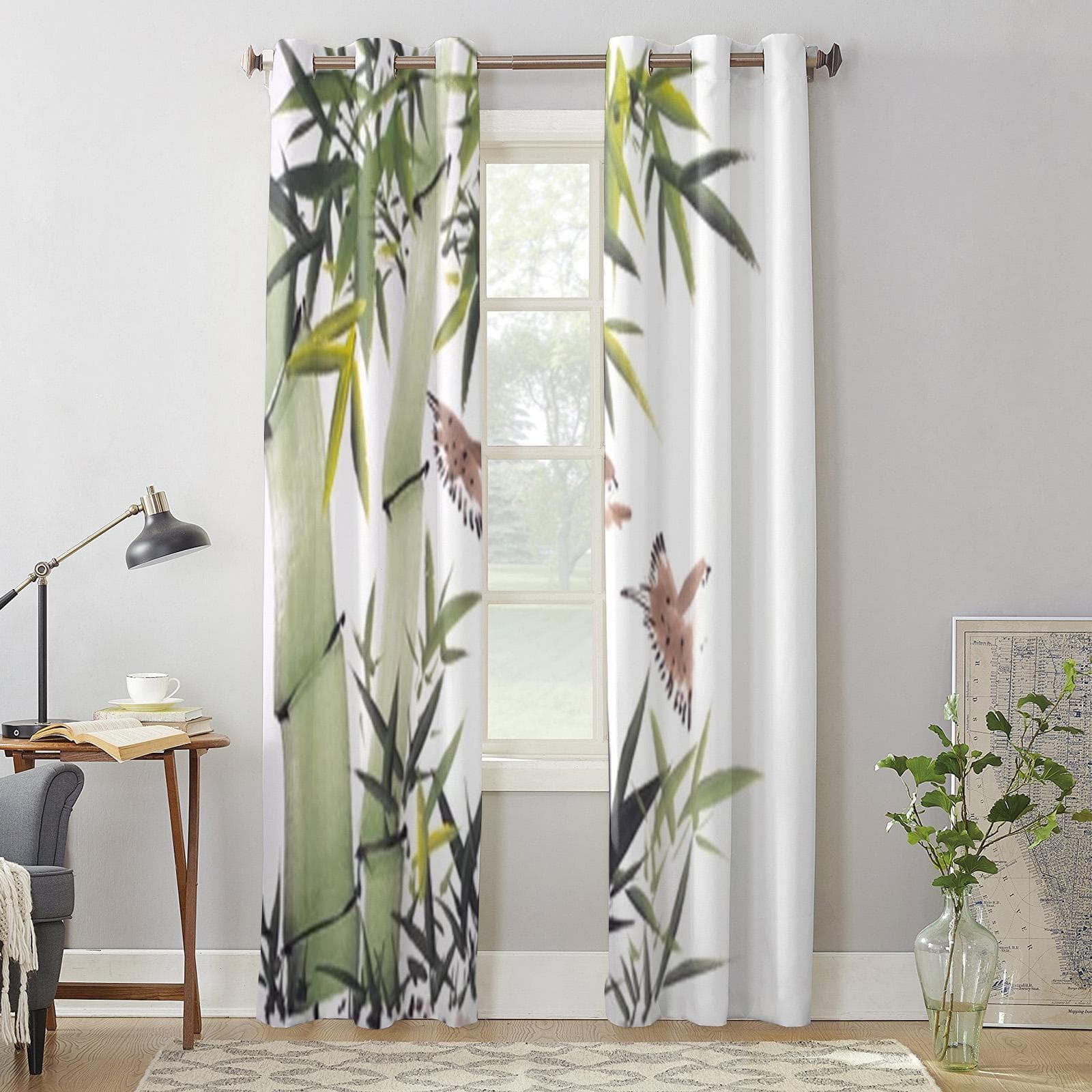 Traditional Chinese Painting Bamboo Window Curtains For Living Room Bedroom Luxury Modern Kitchen Curtains Fabric Drapes 70W x 100H(cm) x2