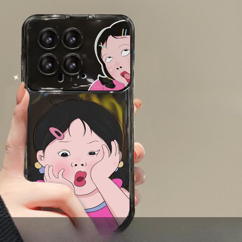 Applicable To Xiaomi 14/13pro Mobile Phone Case Redmi K70/60 Cute Funny Girl Pendant Silicone Flip Mirror Redmi Note 9 Pro