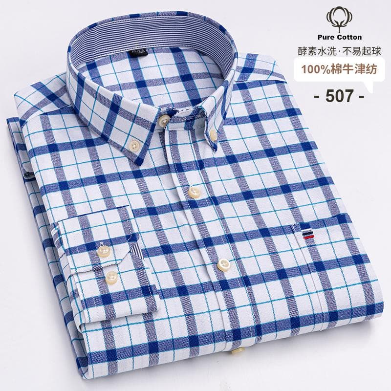 100% Cotton Oxford Men's Shirts Long Sleeves Plaid Soft Regular Fit Formal Dress Shirt Pocket Social Blouse Male Clothes S-7XL 6XL