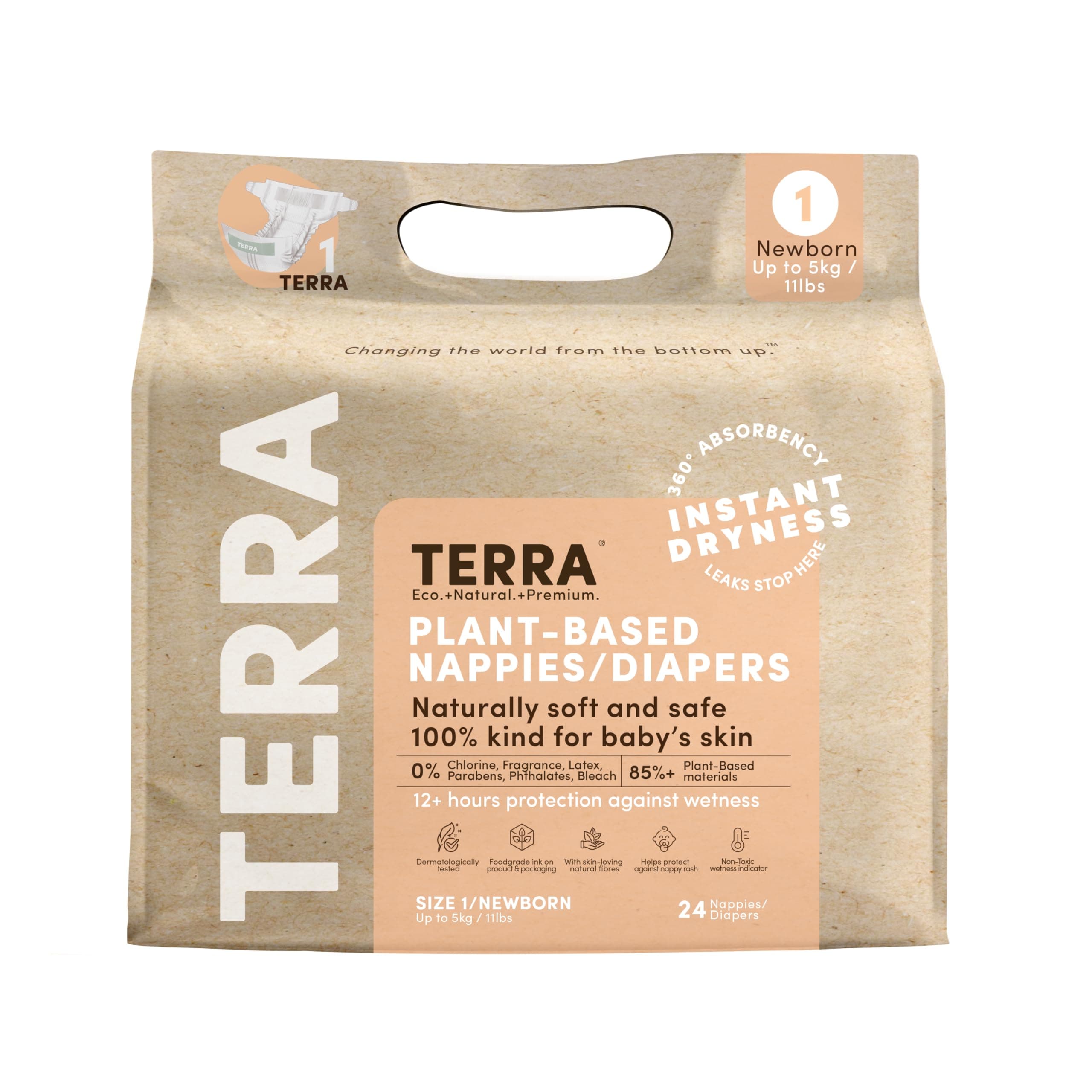 TERRA Newborn Super Gentle on Sensitive Newborn Diaper Tape Diapers, Absorbent, Skin, Nighttime, Outings, Skin, Breathable, (Newborns - 5kg), 24-Count white
