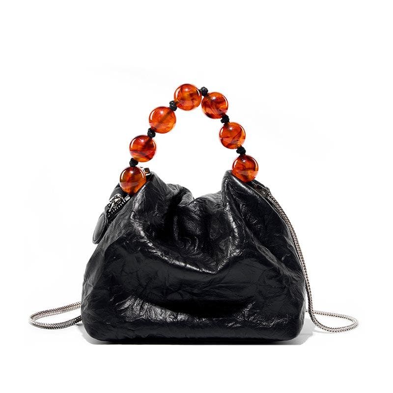 Chinese Bead Bag Personality Niche First Layer Leather Bag Bag Female Hand Grab Grain Lunch Box Bag Beaded Hand Skew black