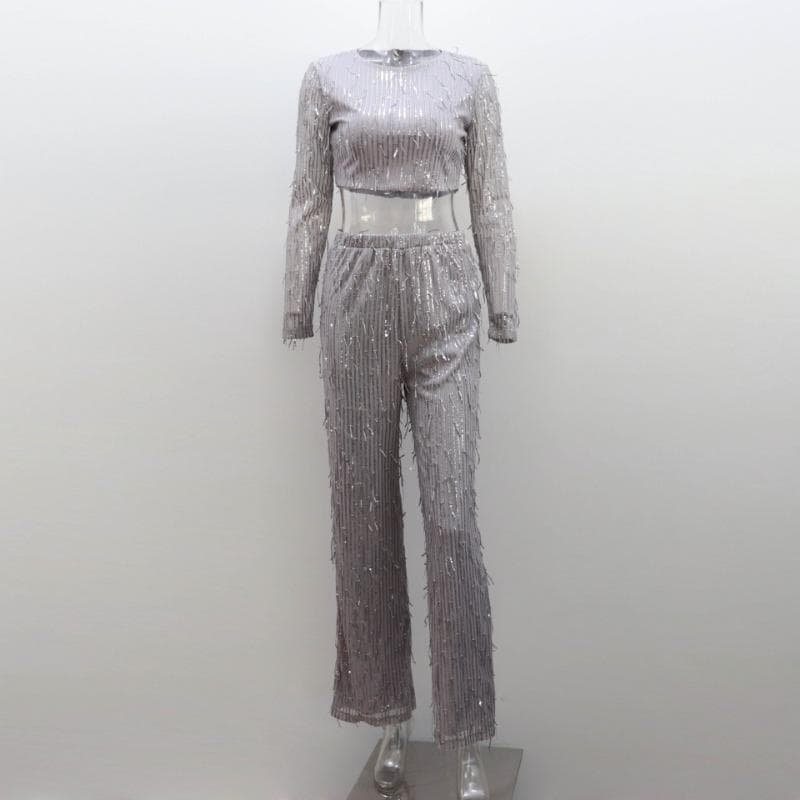 Tassel Sequin Women 2Piece Sets Silver Bright Silk O-neck Crop Tops Wide Leg Pants Female Pant Suits Fashion Street Lady Set Legant Party Sexy Outfits L