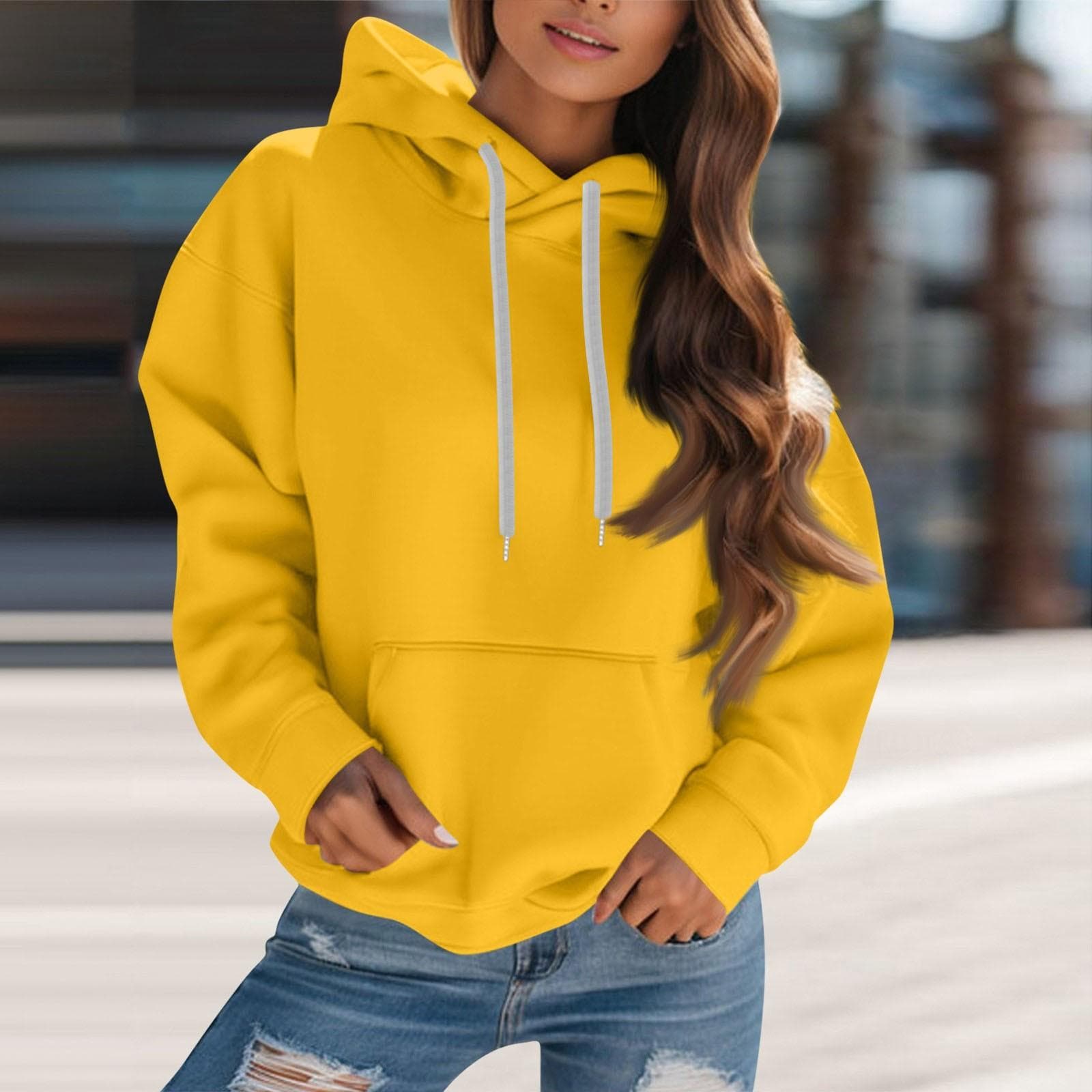 Women's Fashion Solid Color Hooded Drawstring  Long Sleeve Loose Pullover Sweatshirt Top XL yellow