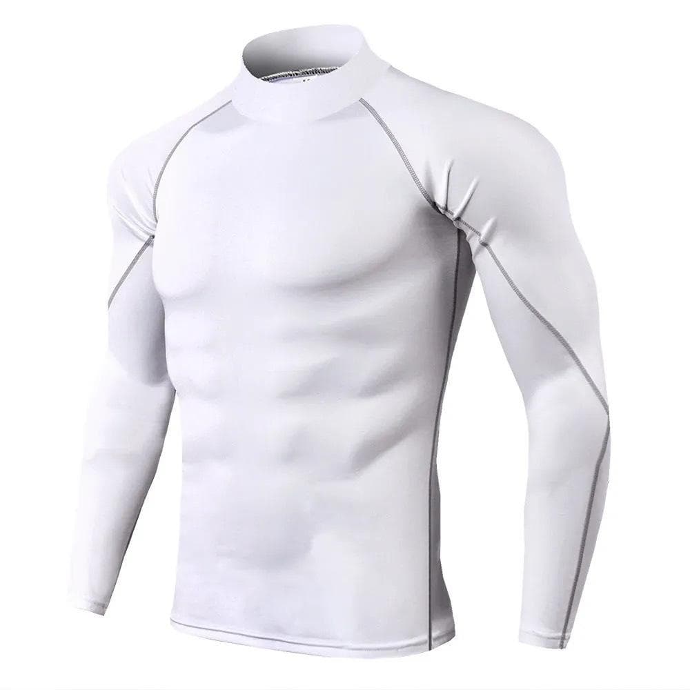 Men's High-necked Sports Long Sleeves T-shirts Skinny Fitness Clothes Yoga Training Running Quick-drying Cycling Tights Top S white