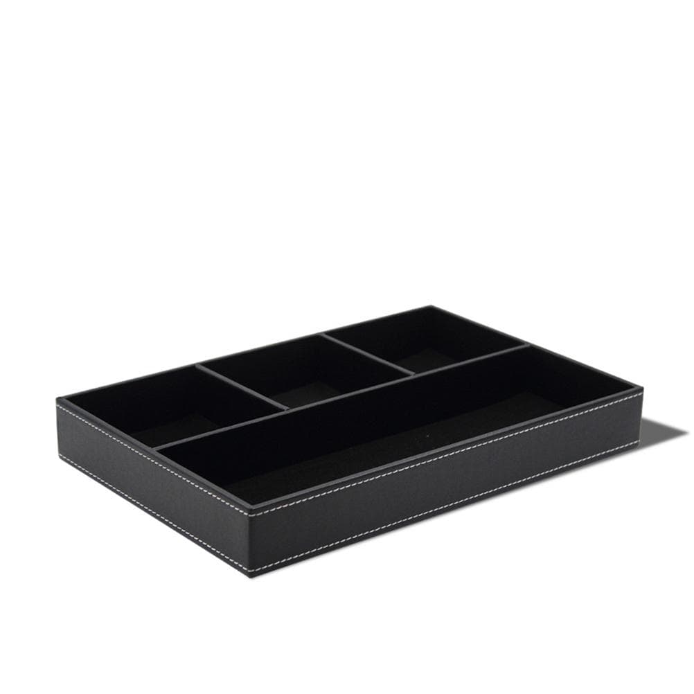 4 Compartments Leatherette Valet Tray Desk Dresser Top Organizer Box for Wallets Coins Keys and black