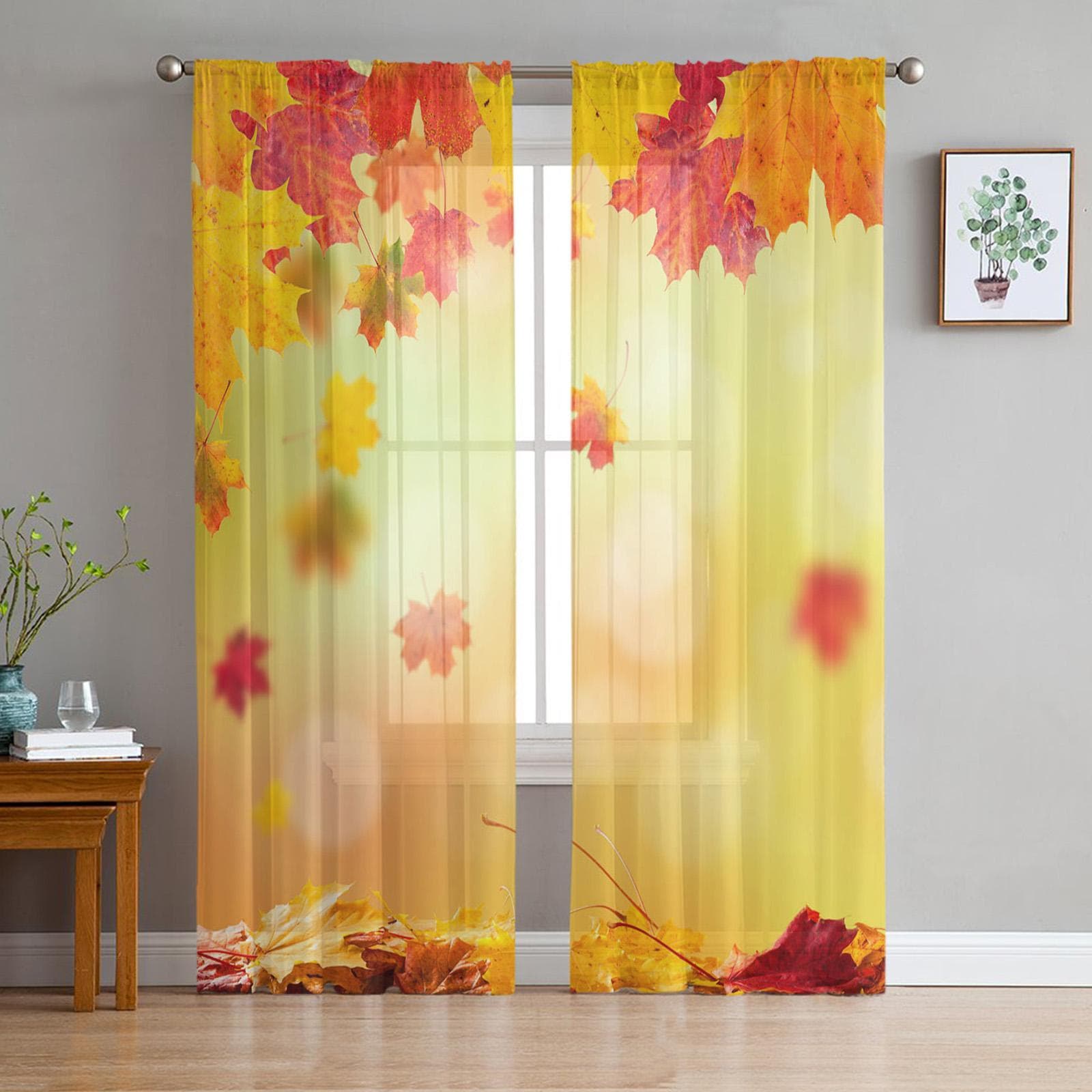 Youth Bedroom Sheer Curtains Maple Leaf Falling Yellow Kitchen Study Hanging Curtains Living Room Holiday Decor Tulle Curtains 135W x 114H(cm)