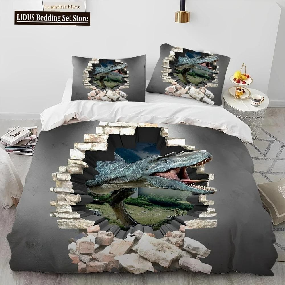 3D Cartoon Dinosaur Illusion Comforter Bedding Set,Duvet Cover Bed Set Quilt Cover Pillowcase,Queen Bedding Set For Boys Gift 70x133cm 2pcs