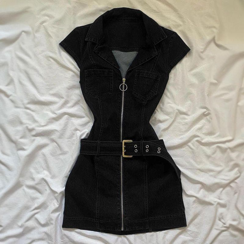 American Retro Black Denim Short Dress Women Summer Zipper Elegant Slim One Piece Dress Korean Fashion Design Casual Clothing M black