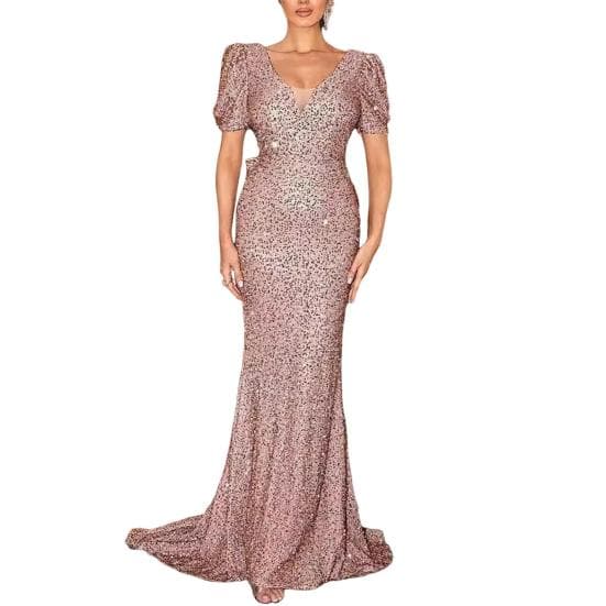 Women Evening Dress Shimmering Sequin Short Bubble Sleeves V Neck Slim Fit Floor Length Big Bow at Back Mid Waist Cocktail Party Banquet Maxi Dress XXL
