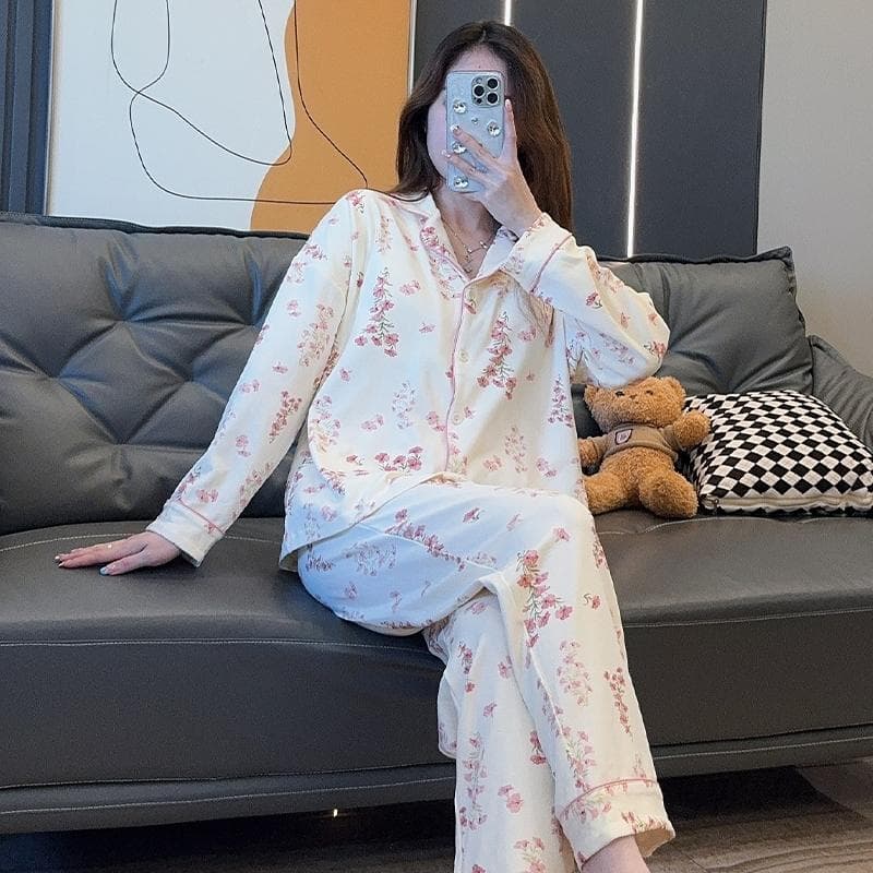 Cute Kawaii Pajama Set Women Long Sleeves Long Pants Button Autumn Winter Nightshirts Ladies Pijama Soft Pyjamas Sleepwer Soft 2XL