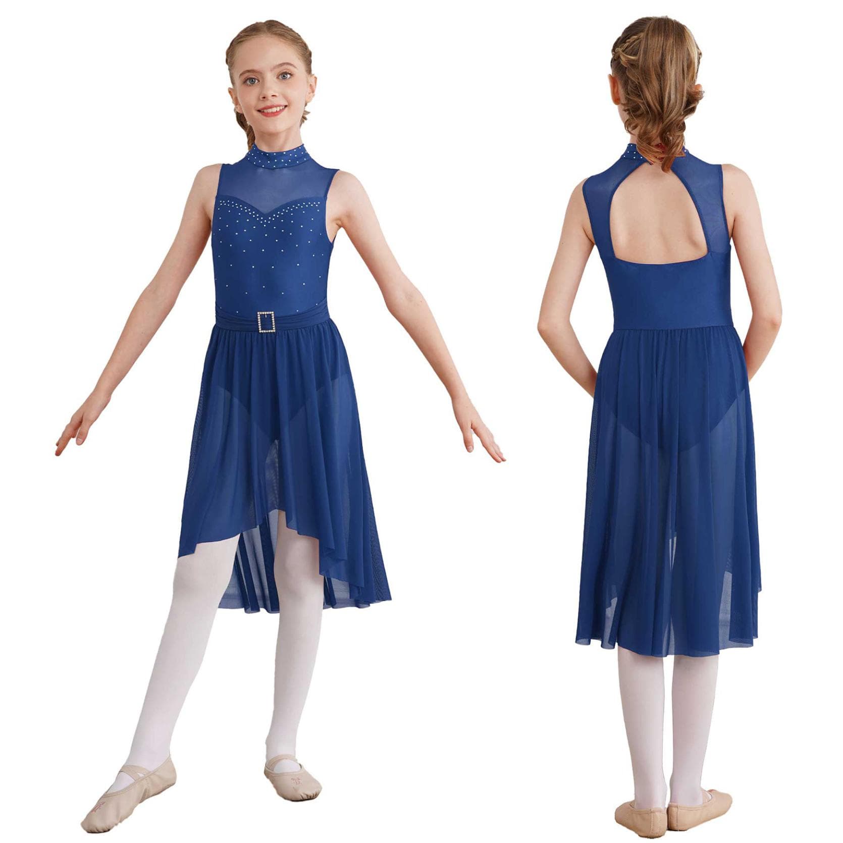 Lyrical Dance Dress for Girls Latin Jazz Gymnastics Leotard 5-16 Years Ballet Dress Performance Costume navy blue